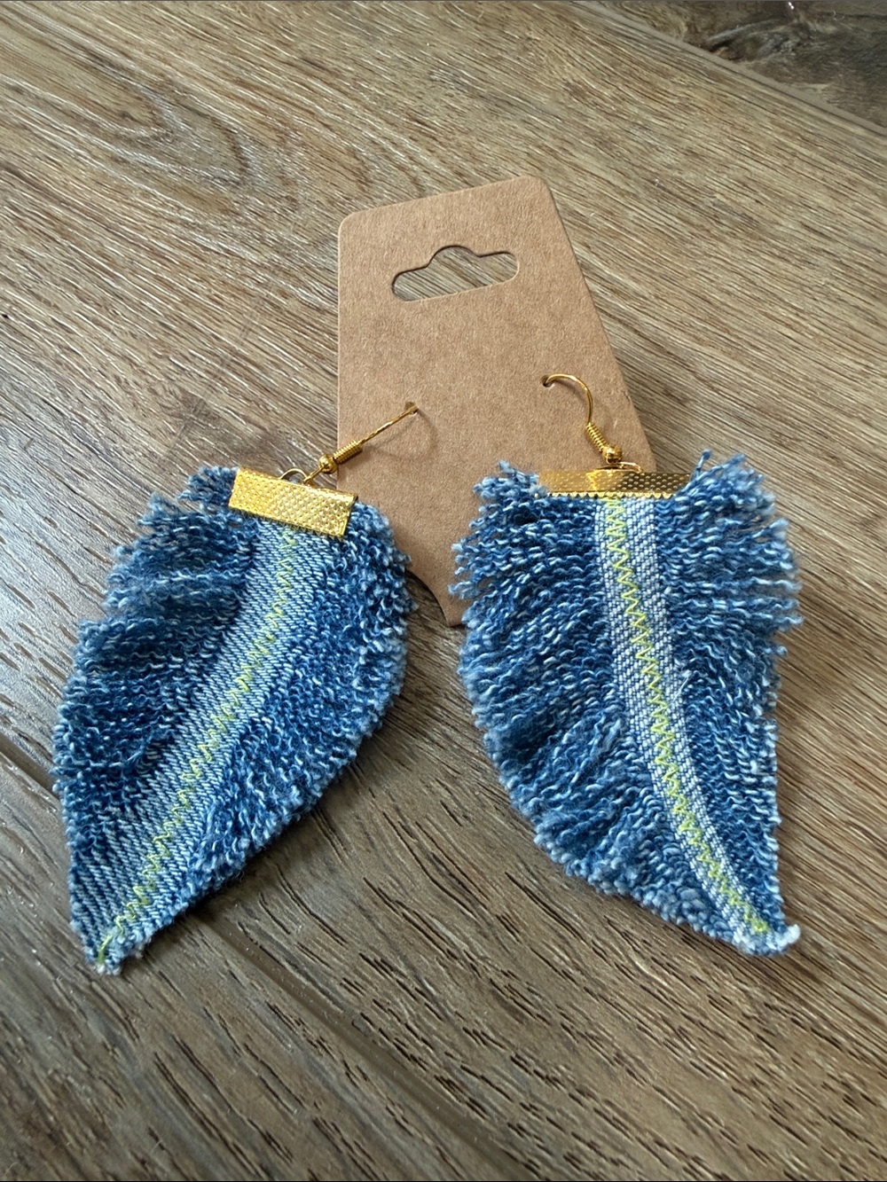 Blue Frayed Leaf Drop Earrings with Gold Hooks